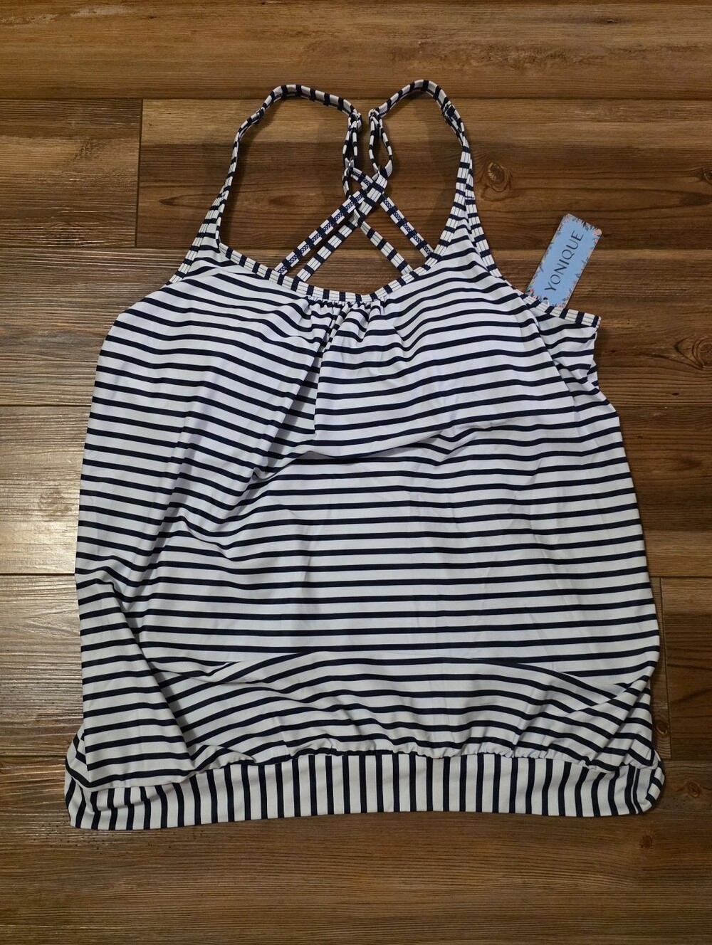 NWT Yonique Striped Blouson Tankini Swim Top - Navy/White XL